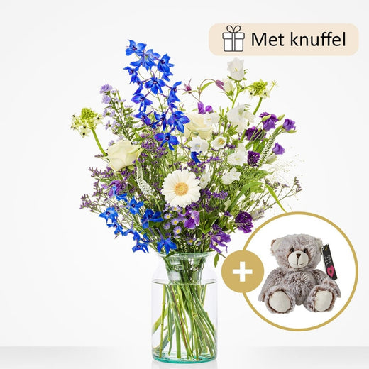 Geboorteboeket blauw (cadeauset met knuffel)