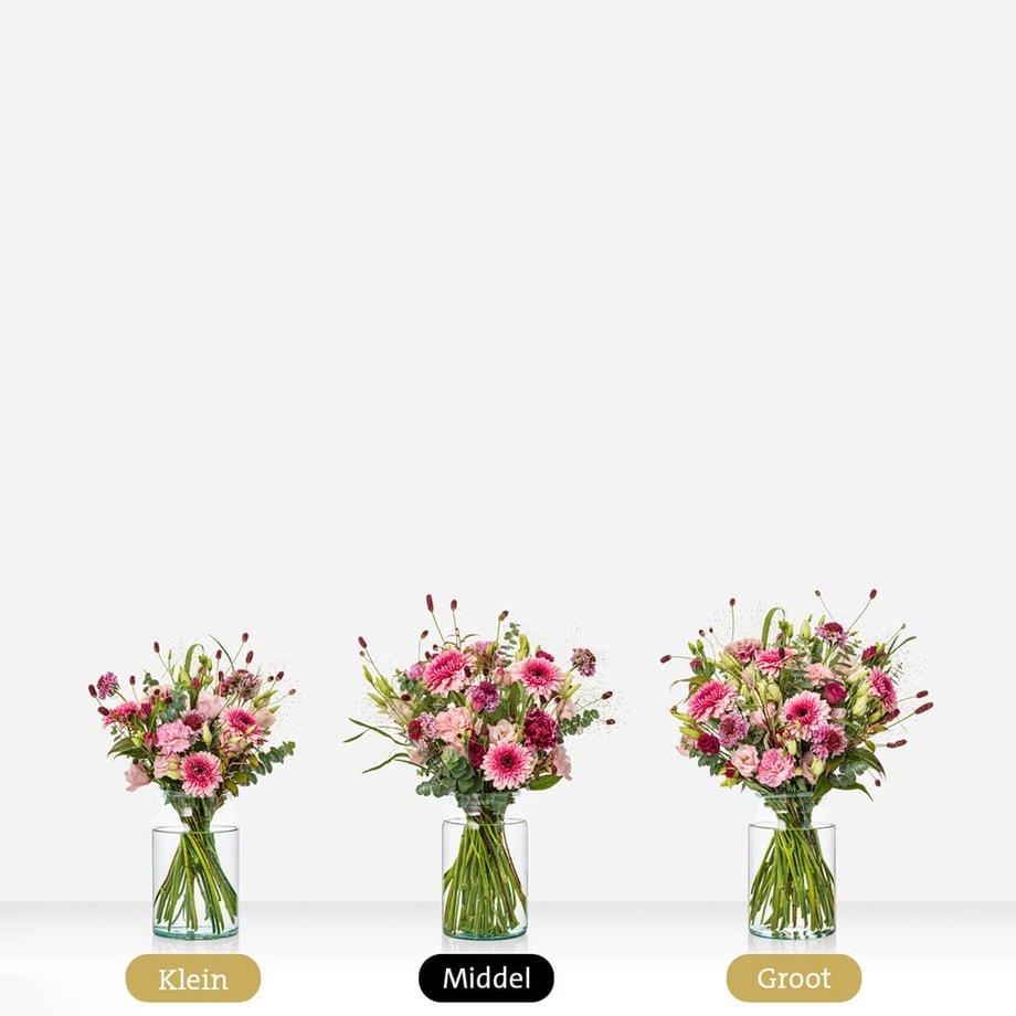 3 varianten van een rond boeket met roze bloemen: klein, middel en groot
