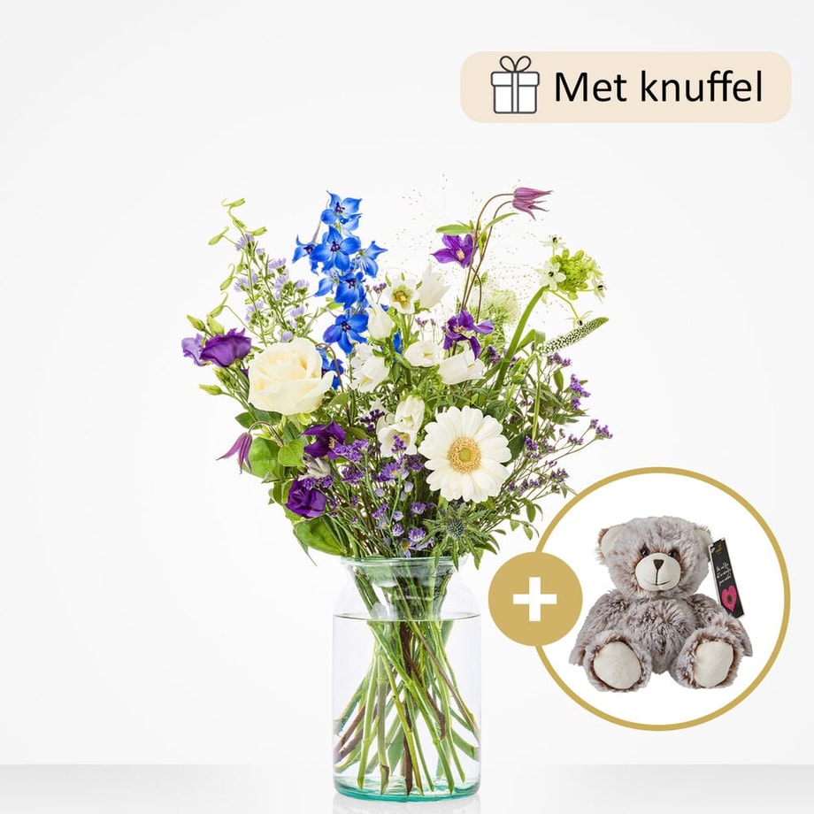 Geboorteboeket blauw (cadeauset met knuffel)