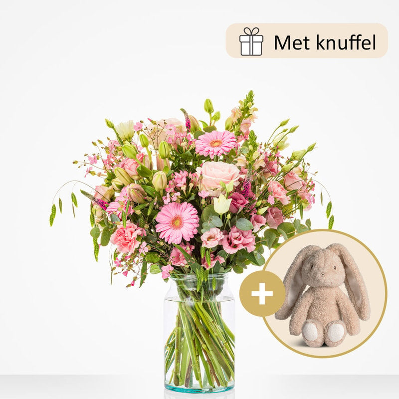 Geboorteboeket roze (cadeauset met knuffel)