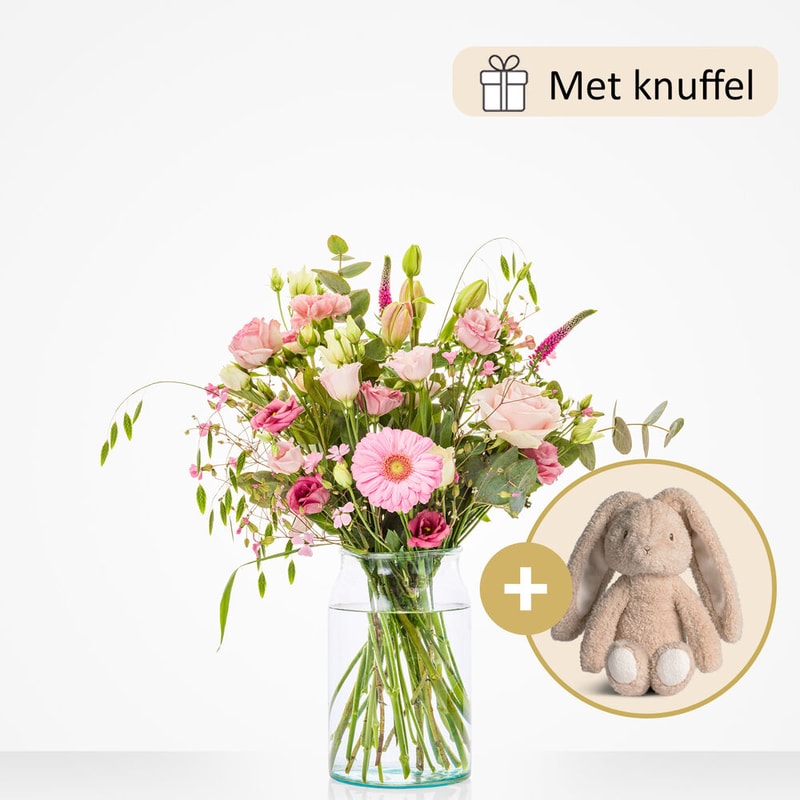 Geboorteboeket roze (cadeauset met knuffel)