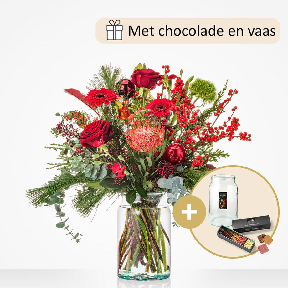 Kerstboeket (cadeauset inclusief vaas en chocolade!)