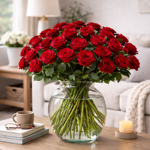 Luxe boeket met 50 Red Naomi rozen (inclusief vaas!)